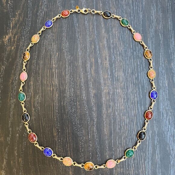 CARLA SCARAB NECKLACE 14K Gold Links 20" Gemstone Scarabs, Vintage Egyptian Rev - Picture 3 of 16